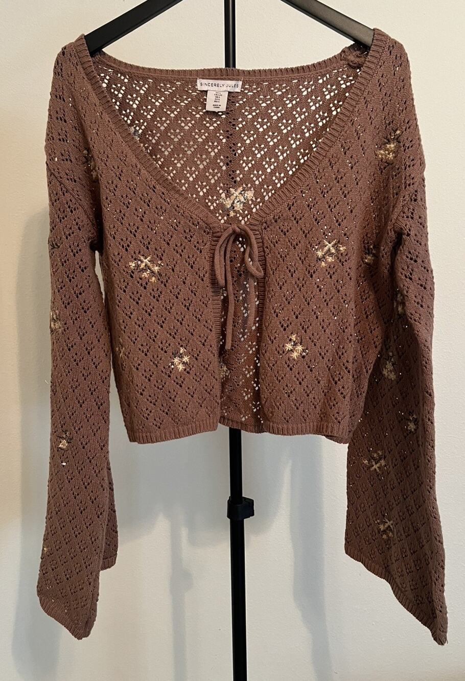 Sincerely Jules Floral Embroidered Knit Cropped Tie Front Brown Cardigan Boho L